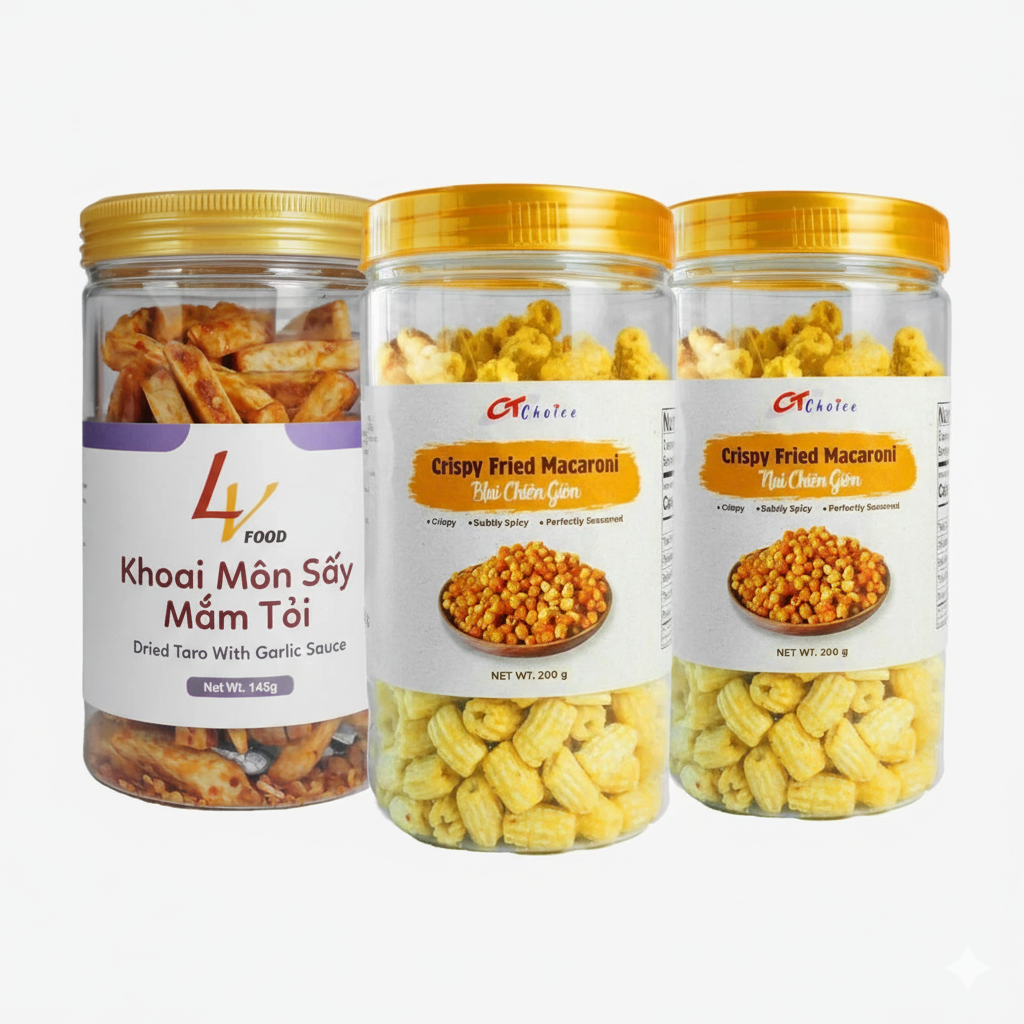 Pack mix 3 loai (nui chien gion $6 + bap chien gion $6 + khoai mon say mam toi $6)