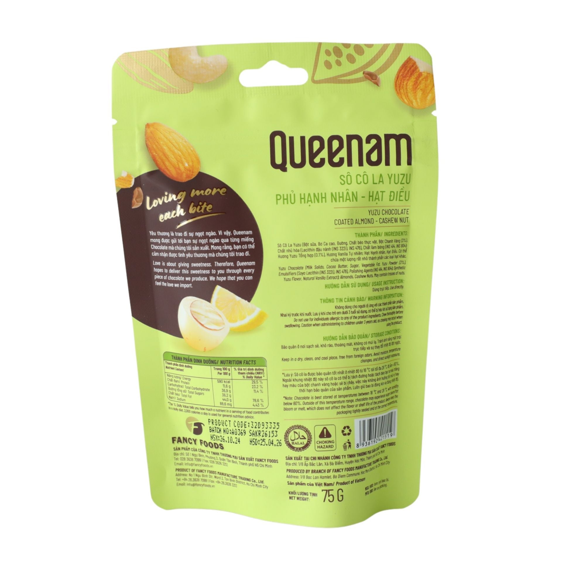 Queenam Socola Yuzu Hanh Nhan Hat Dieu 75gr - Vi Chanh Vang Thanh Mat