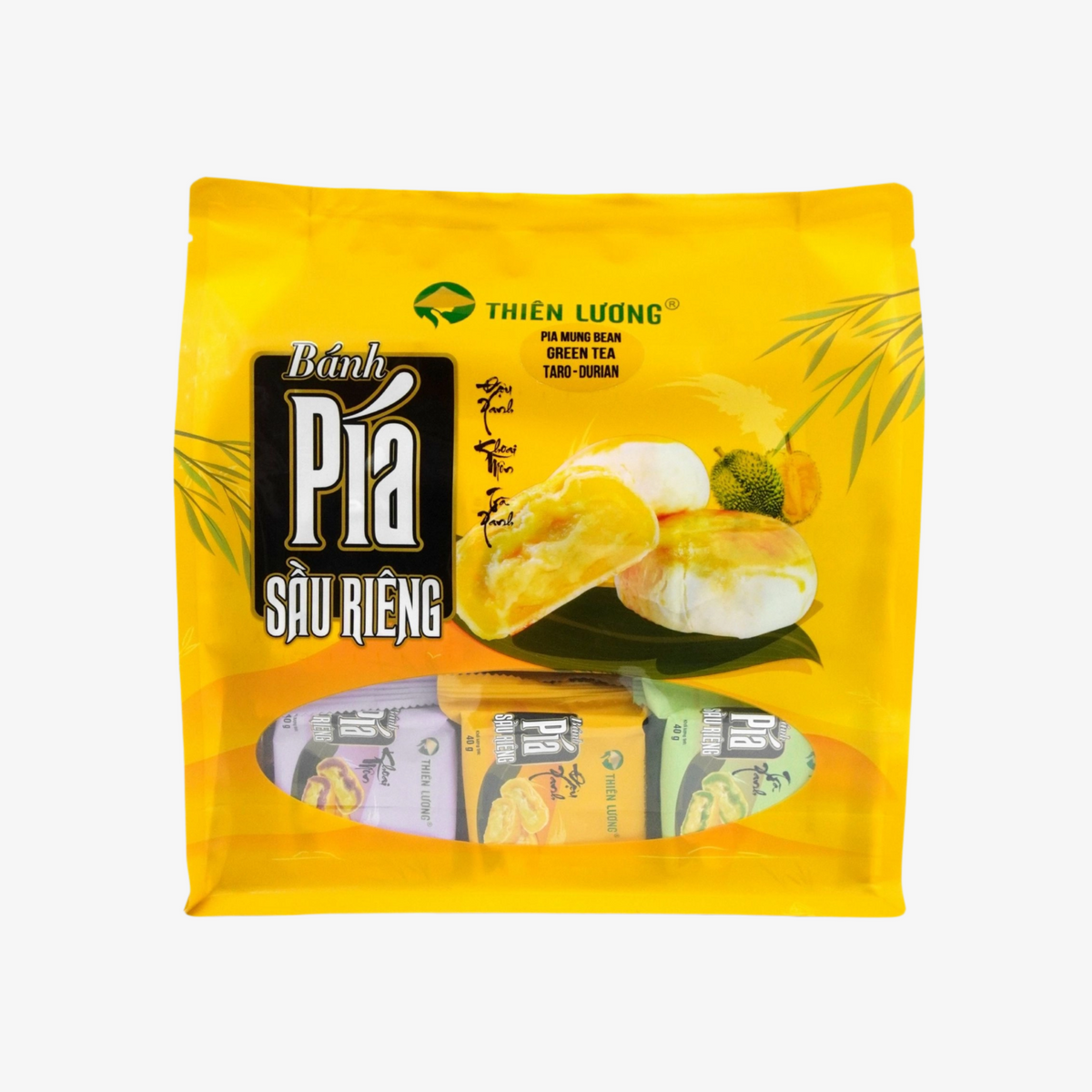 Banh Pia sau rieng 3 vi (dau xanh, tra xanh, khoai mon)